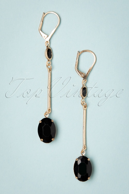 Lovely - 50s Oval Stone Earrings in Jet Black