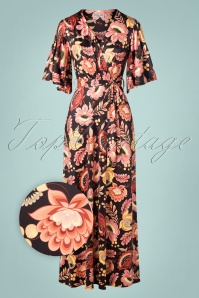 Vintage Chic for Topvintage - Jazzy cross over herfstbloem maxi jurk in zwart