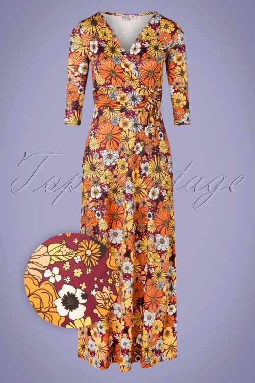 Vintage Chic for Topvintage - Flora Cross Over Maxi Dress Années 70 en Bordeaux Fleurs Rétro 