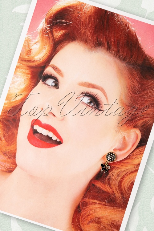 Sweet Cherry - 50s Black Cat and Polkadot Earrings in Gold 2