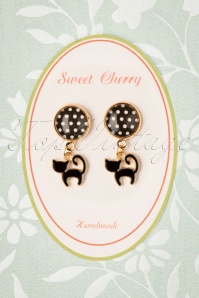 Sweet Cherry - Black Cat and Polkadot Earrings Années 50 en Doré