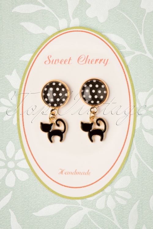 Sweet Cherry - 50s Black Cat and Polkadot Earrings in Gold