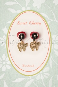Sweet Cherry - 50s Black Cat and Rose Earrings in Gold 3