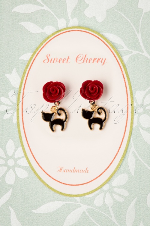 Sweet Cherry - 50s Black Cat and Rose Earrings in Gold