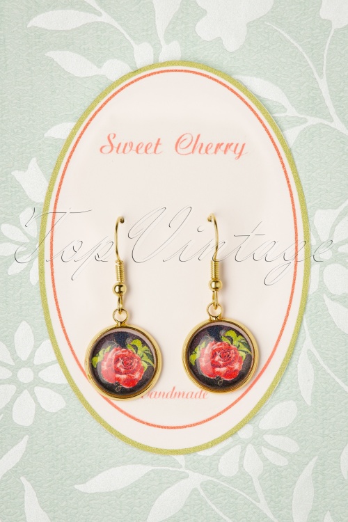 Sweet Cherry - Red Rose Drop Earrings Années 50 en Noir et Doré