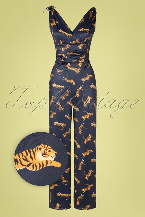 Vintage Chic for Topvintage - Casey Tiger Jumpsuit Années 70 en Bleu Foncé
