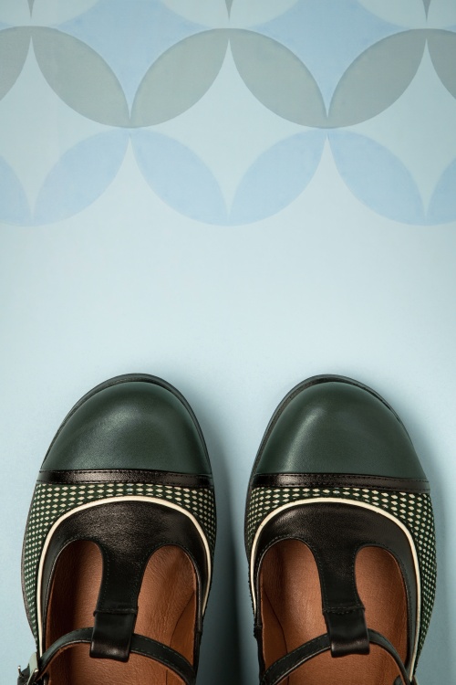 Nemonic - 60s Amelie Leather T-Strap Pumps in Black and Green 2