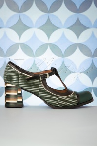 Nemonic - 60s Amelie Leather T-Strap Pumps in Black and Green 3