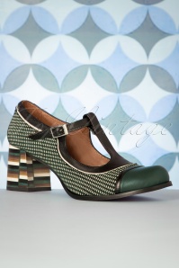 Nemonic - 60s Amelie Leather T-Strap Pumps in Black and Green