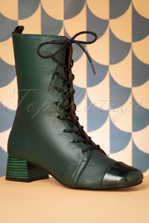 Nemonic - Celine Leather Lace Up Boots Années 60 en Vert