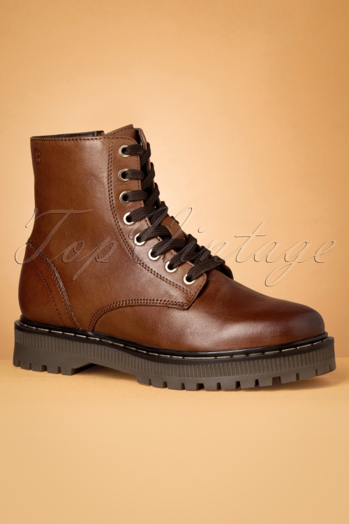 s.Oliver - Leather Combat Look Boots Années 70 en Cognac