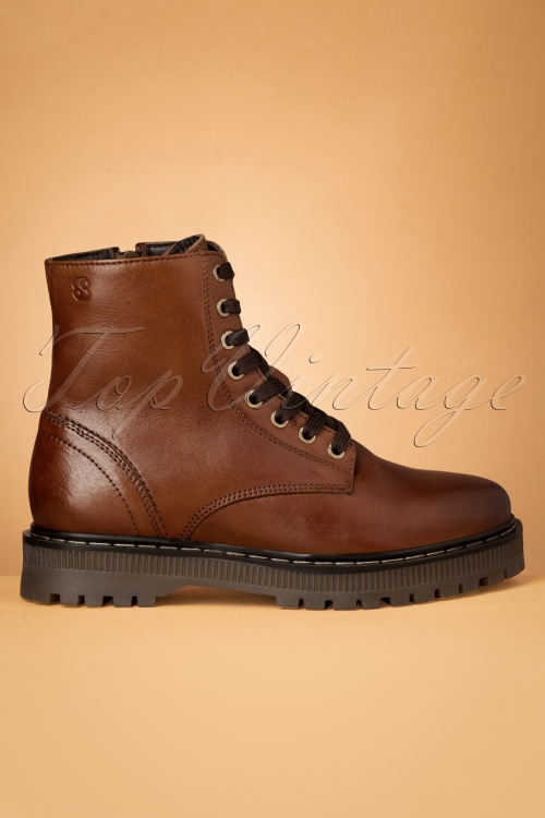s.Oliver - Leather Combat Look Boots Années 70 en Cognac 3