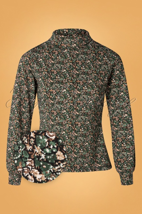 Smashed Lemon - 70s Railey Floral Rollneck Top in Black and Green 2