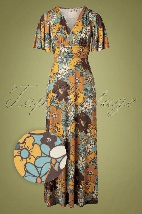Vintage Chic for Topvintage - Helene cross over bloemen maxi jurk in mosterd en blauw