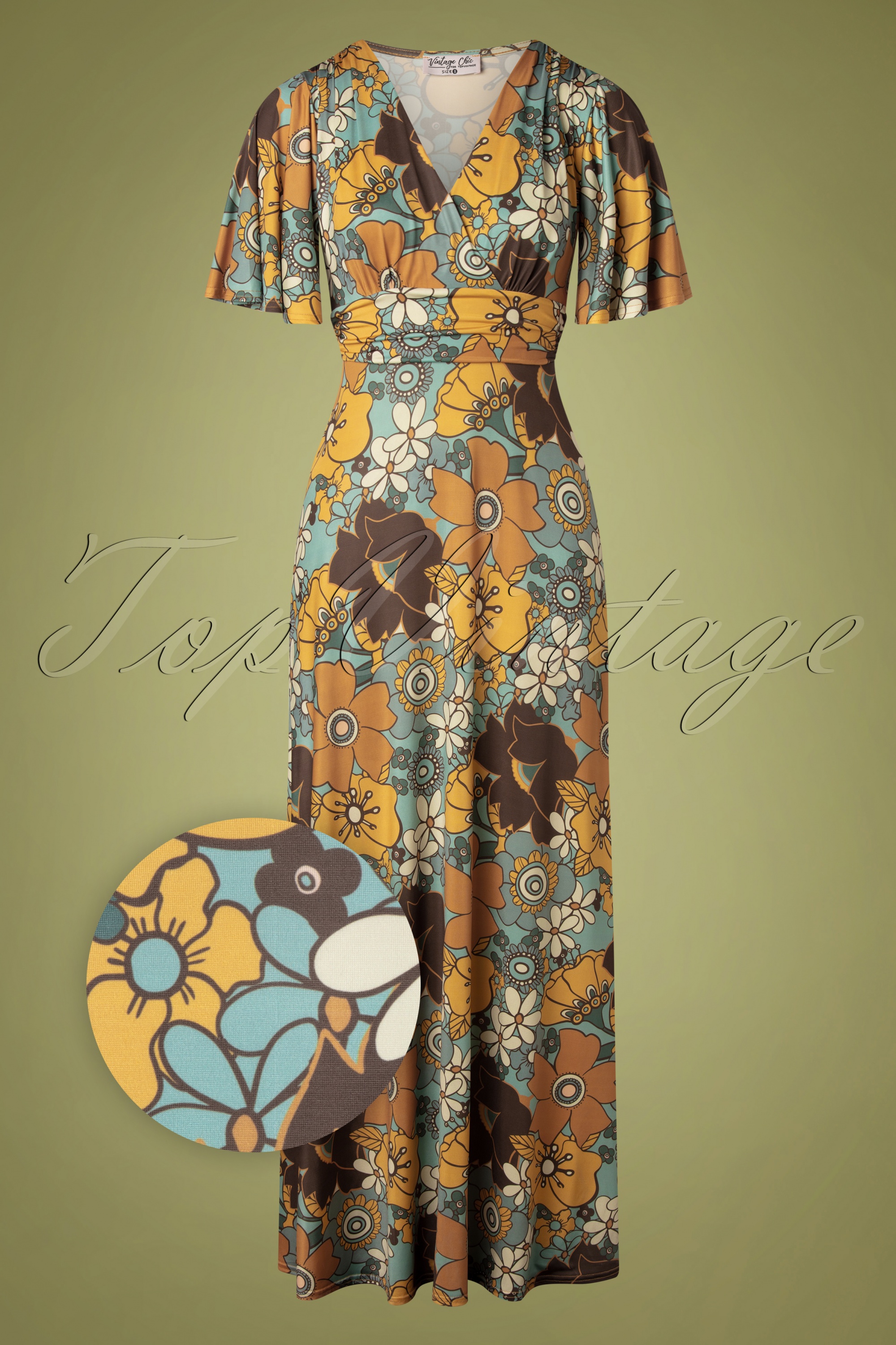 Vintage Chic for Topvintage 70s Helene Floral Cross Over Maxi Dress in  Mustard and Blue | Shop at Topvintage