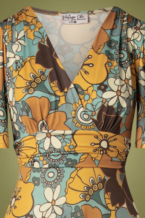Vintage Chic for Topvintage - Helene Floral Cross Over Maxi Dress Années 70 en Moutarde et Bleu 2