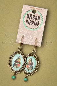 Urban Hippies - 70s Chickadee Bird Earrings in Antique Gold and Blue 3