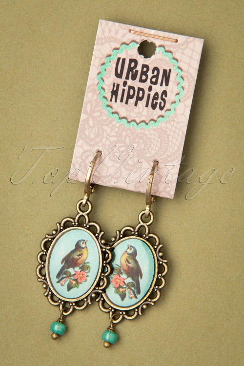 Urban Hippies - 70s Chickadee Bird Earrings in Antique Gold and Blue 3