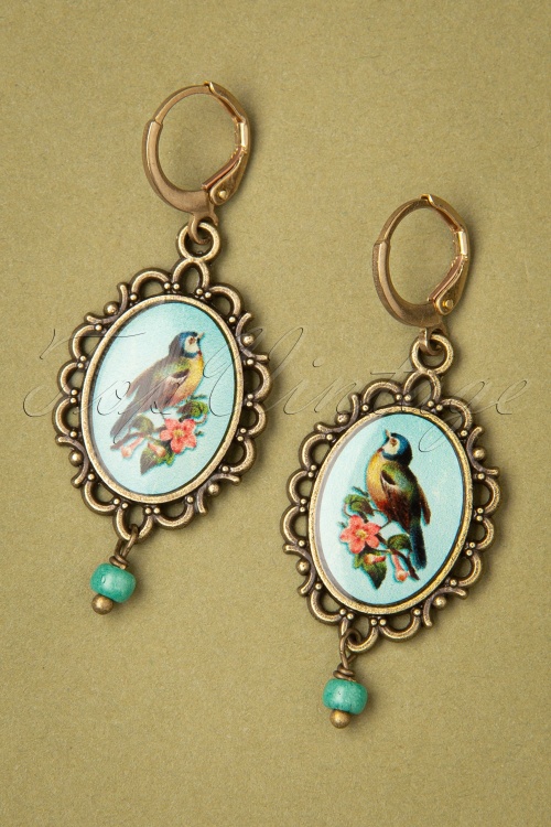 Urban Hippies - 70s Chickadee Bird Earrings in Antique Gold and Blue