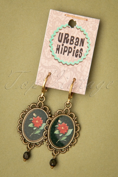 Urban Hippies - 70s Dahlia Flower Earrings in Antique Gold and Dark Green 3