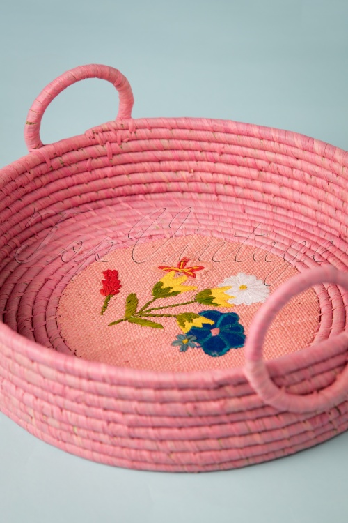 Rice - Raffia Floral Bread Basket in Pink 2
