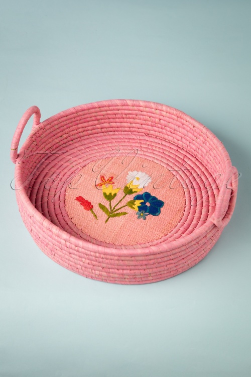 Rice - Raffia Floral Bread Basket in Pink