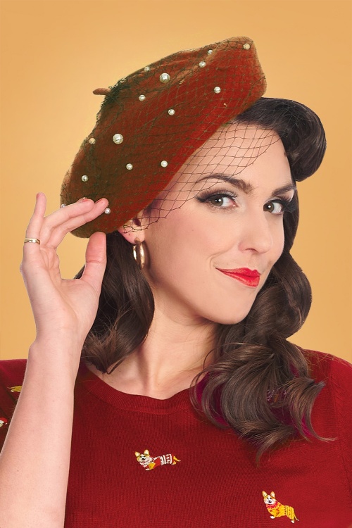 Banned Retro - 50s Maggie Pearl Beret in Rust