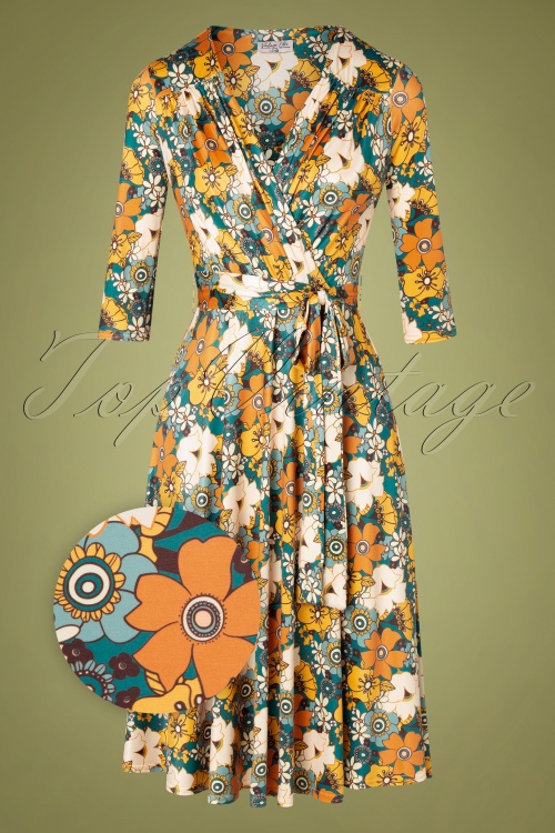 Vintage Chic for Topvintage - Mohnblumen Swing Kleid in Senf und Blaugrün