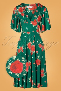 Vintage Chic for Topvintage - Janette Floral swing jurk in smaragdgroen