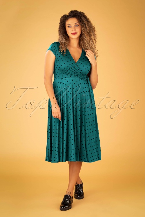 Vintage Chic for Topvintage - Caryl polkadot swingjurk in groenblauw  5