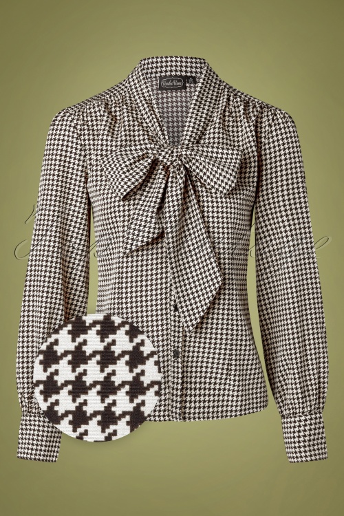 Vixen - 50s Cassie Pussey Bow Houndstooth Blouse in Black and Cream