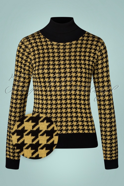 Vixen - Houndstooth Rollneck Sweater Années 60 en Noir et Moutarde