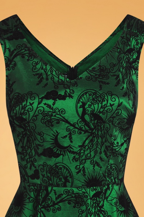 Emerald Green & Black Peacock Deco Print Eileen Flare Dress – Unique Vintage