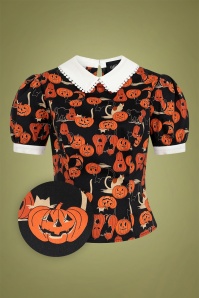 Collectif Clothing - 50s Peta Pumpkins And Cats Top in Black and Orange 2