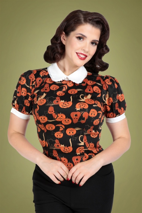 Collectif Clothing - 50s Peta Pumpkins And Cats Top in Black and Orange