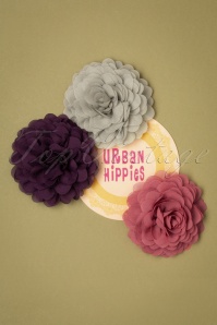 Urban Hippies - Hair Flowers Set Années 70 en Gris, Fard et Prune