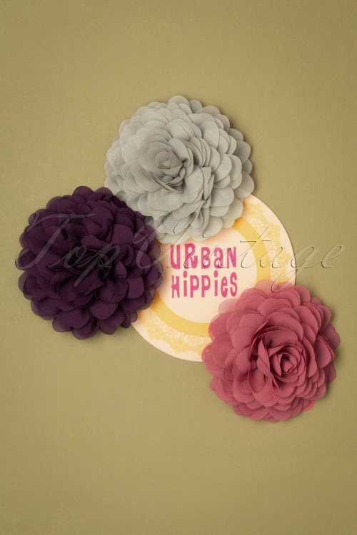 Urban Hippies - Hair Flowers Set Années 70 en Gris, Fard et Prune