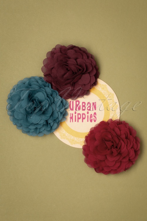 Urban Hippies - Hair Flowers Set Années 70 en Bleu Orage, Rouge Sang et Porto
