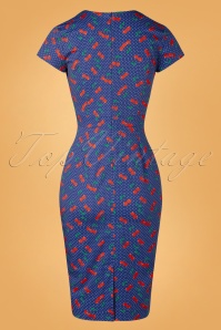 Topvintage Boutique Collection - Topvintage exclusive ~ Olivia Cherry Dots Short Sleeve Pencil Dress Années 50 en Bleu Marine 6