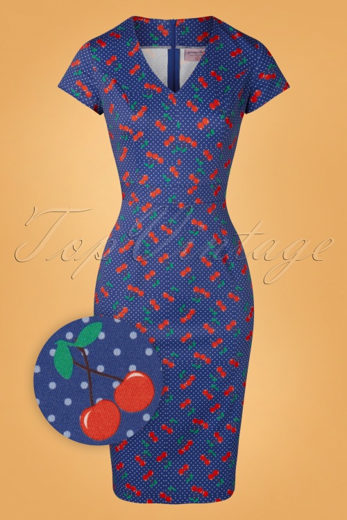 Topvintage Boutique Collection - Topvintage exclusive ~ Olivia Cherry Dots penciljurk met korte mouwen in marineblauw 3
