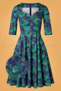 Topvintage Boutique Collection - TopVintage exclusive ~ Amelia Peacock Long Sleeve Swing Dress Années 50 en Bleu Marine 3