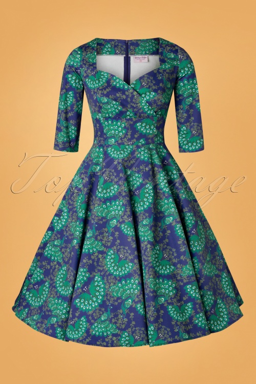Topvintage Boutique Collection - TopVintage exclusive ~ 50s Amelia Peacock Long Sleeve Swing Dress in Navy 4