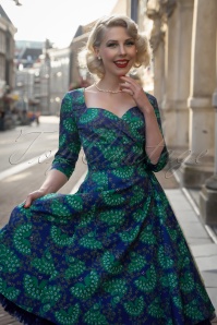 Topvintage Boutique Collection - Topvintage exclusive ~ Amelia Peacock swing jurk met lange mouwen in marineblauw