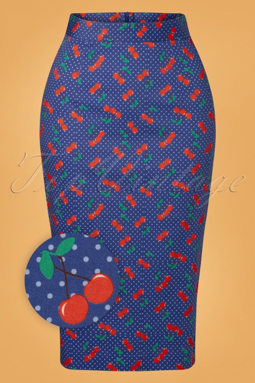Topvintage Boutique Collection - Topvintage exclusive ~ Adriana Cherry Dots pencilrok in marineblauw 3