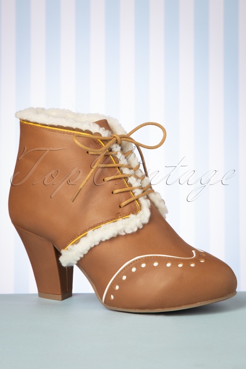 Lola Ramona - Elsa Warm Leather Shoe Booties Années 50 en Cognac