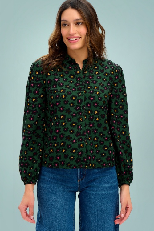 Sugarhill Brighton - 60s Liza Painted Floral Blouse in Green 3