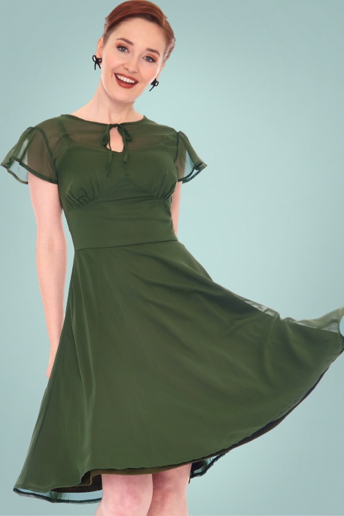 Vixen - 50s Peppa Flare Dress in Olive Green