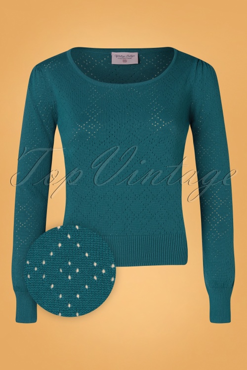 Topvintage Boutique Collection - 50s Bella Long Sleeve Pullover in Teal Blue 3