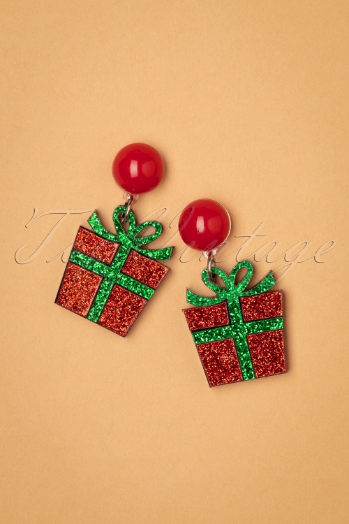 Collectif Clothing - Christmas Present Earrings Années 50 en Rouge et Vert
