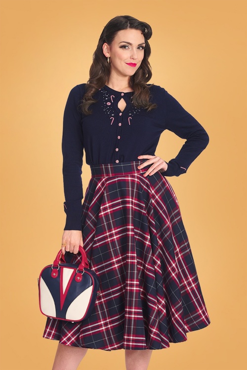 Banned Retro - 50s Chic Check Swing Skirt in Navy 2
